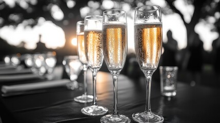 Elegant champagne flutes filled with bubbly drink on a table during a sunset celebration
