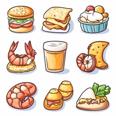 Delicious Cartoon Illustration of Tasty Finger Foods. Burger, Shrimp, and Cupcake