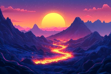 Majestic Sunset Over Geothermal Lava River. Vibrant Fantasy Art Landscape