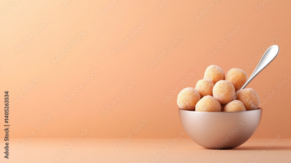 Poster delicious round laddus placed neatly in silverware bowl against minimal peach color backdrop