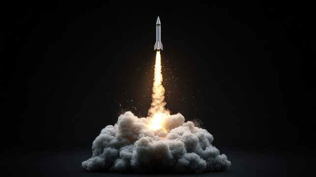 Dynamic missile rocket lifting off with smoke trail on starless black background
