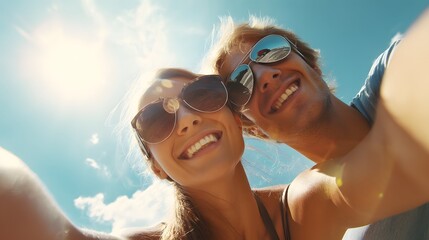 Fototapeta premium Happy young couple takes a low-angle selfie wearing sunglasses, smiling against a bright blue sky with sun flare, capturing vibrant vacation energy. 