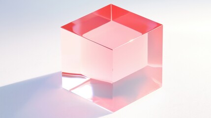 A pink cube with a reflective surface sits on a white background.