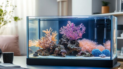 Modern rectangular aquarium with artificial coral, rocks, and filter.