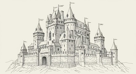 Medieval European Castle Line Art Drawing