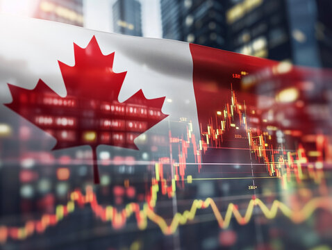 The Canadian flag alongside a stock market graph symbolizes economic growth and financial trends.