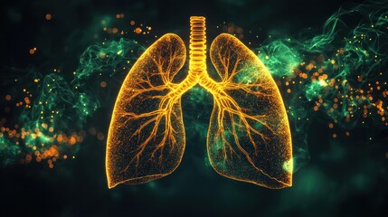 Glowing lung anatomy amidst ethereal smoke