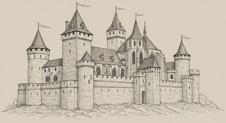 Medieval European Castle Line Art Drawing
