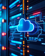 Futuristic Cloud Computing Concept with Server Rack and Neon Light Elements