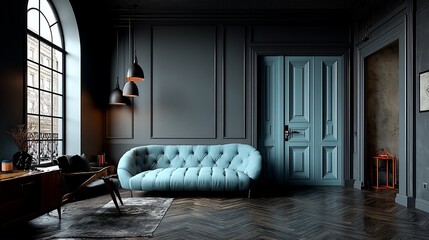 Dark, moody living room with a luxurious teal blue sofa and elegant details