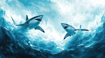 Fototapeta premium Majestic Sharks Leaping Through Ocean Waves: A breathtaking underwater scene