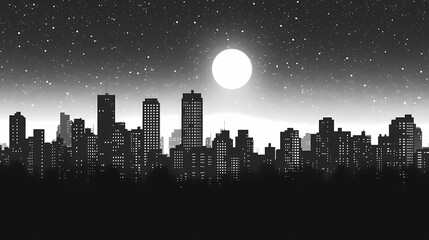 Monochrome Cityscape Silhouette. Calm Urban Nighttime Landscape with Stars and Moon