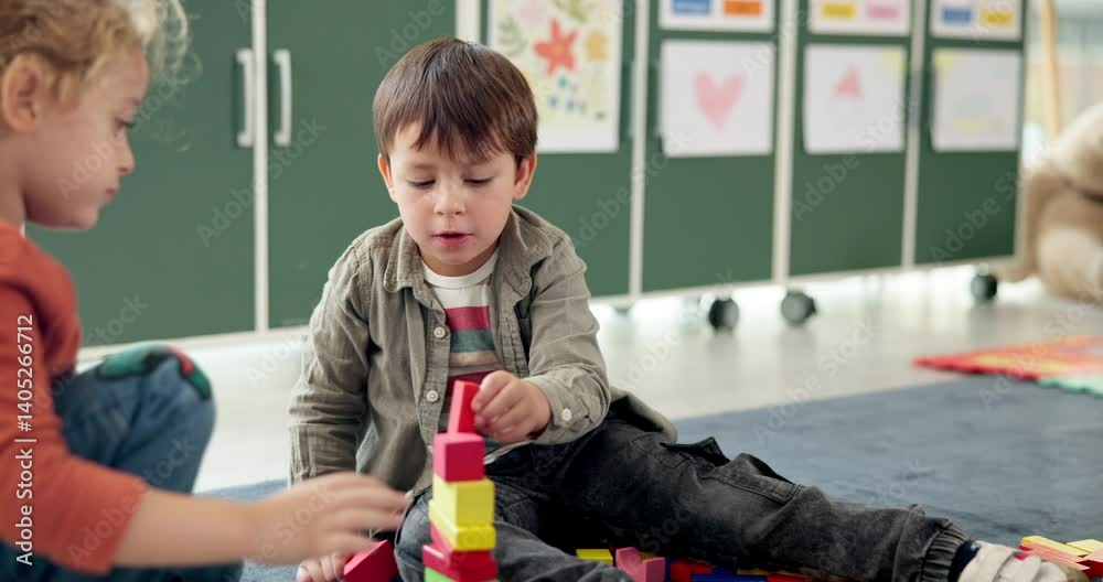 Aufkleber Children, student and play with blocks in class for learning, problem solving and creative activity. Kids, toys and building stack for education game, puzzle solution and motor growth in kindergarden