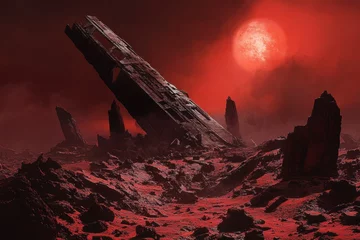 Red alien landscape with a crashed spaceship.