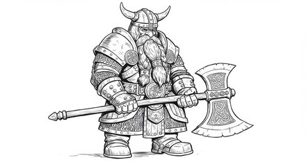 Obraz premium Dwarven Warrior with Axe Line Art
