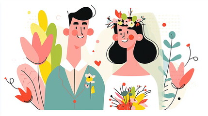 Happy bride and groom wedding couple portrait &ndash; Flat vector illustration with green leaves.
