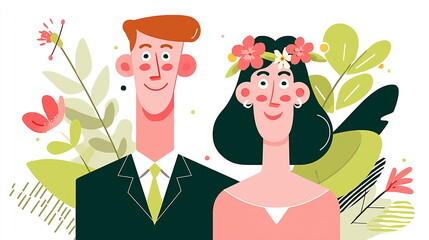 Vector illustration of a happy bride and groom, a wedding couple portrait in a flat style with green leaves on a white background. 