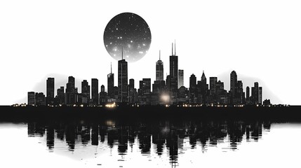 Obraz premium Starry Night Skyline. Black and White Urban Cityscape Silhouette with Moon and Reflection