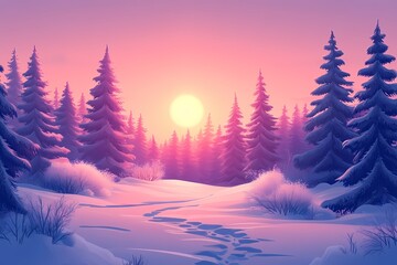 Naklejka premium Majestic Winter Wonderland. Pine Trees and Snowy Pathway at Sunset - Tranquil Forest Scenery with Pastel Colors & Dusk Silhouettes