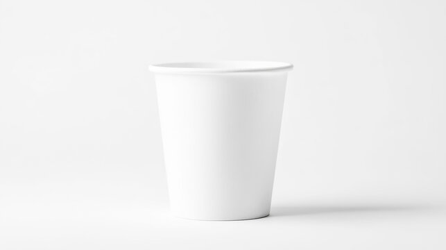 Front view of a plain, white, blank disposable paper sample cup, isolated on a white background &ndash; eco-friendly, single-use, recyclable tasting cup for beverages or food sampling