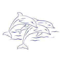 Dolphin fish outline sketch drawing. Hand drawn sea dolphin. Vintage hand drawn line tattoo. Engraved sea animal. Blue doodle engraving.