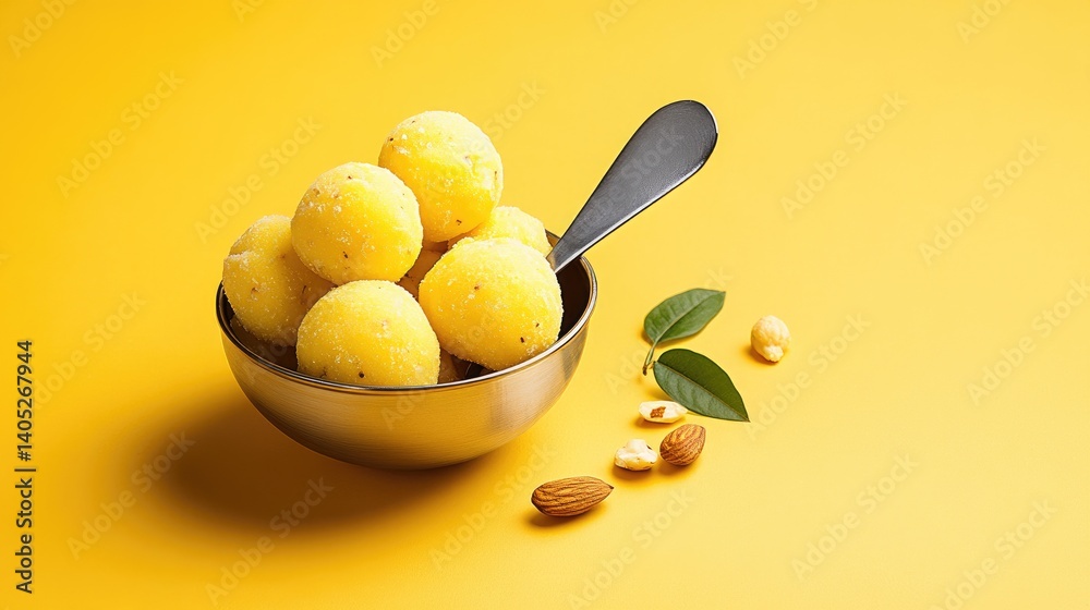 Poster sweet laddus with hints of saffron and nuts inside a silver bowl placed on peach flat-lay setup