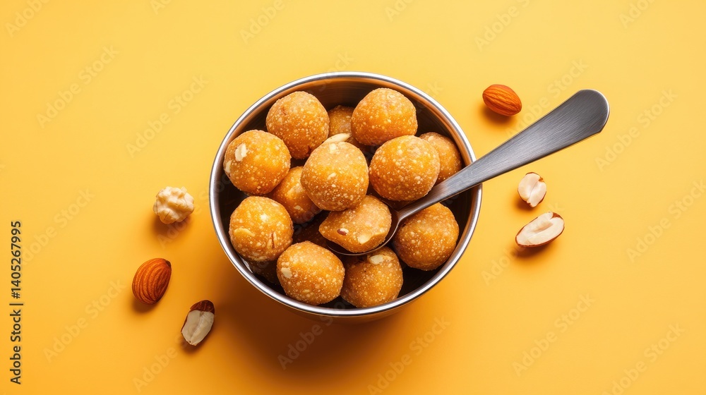 Poster sweet laddus with hints of saffron and nuts inside a silver bowl placed on peach flat-lay setup