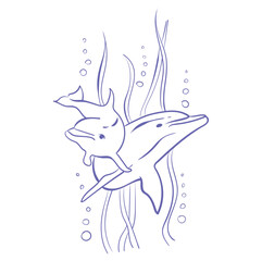 Naklejka premium Dolphin fish sketch drawing underwater among seaweed and bubbles. Hand drawn sea dolphin. Vintage hand drawn line tattoo. Engraved sea animal.