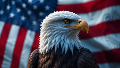 A majestic bald eagle, symbol of American pride and freedom, stands proudly before a waving US flag, captured in rich, dramatic lighting.