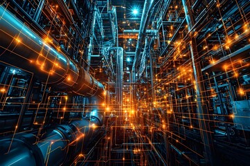 Obraz premium Futuristic industrial pipeline system with glowing connections