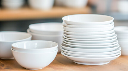 High-quality image of a stack of assorted white ceramic plates and bowls for dining and kitchen use