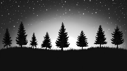 Obraz premium Starry Night Sky with Silhouetted Trees in Black and White - Tranquil Forest Landscape
