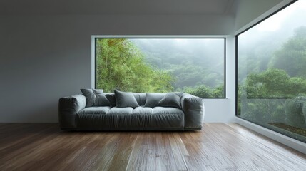 Fototapeta premium Serene gray couch by large window overlooking lush green forest.