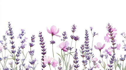 Naklejka premium Lavender and pink flowers border on white.