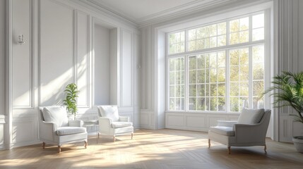 White living room interior with armchairs