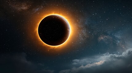 Obraz premium Solar Eclipse at Night Dark Moon Silhouette Against Starry Sky and Clouds