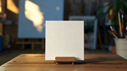 A highdefinition square shot of a 13 x 13 white canvas centered on a rustic wooden table the soft wood grain adding a faint texture with blurred art supplies i