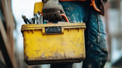 A construction worker’s hand picking up a toolbox, filled with essential tools for the day's tasks ahead.