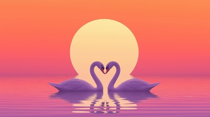 Fototapeta premium Swans create heart shape silhouette against sunset reflection on water