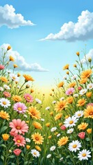 Obraz premium Vibrant Field of Flowers Under a Bright Sky Nature Scene Colorful Blossoms Outdoor Environment Scenic Viewpoint