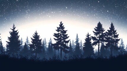 Forest Night Silhouette. Stars and Moonlight in a Mystical Woodland Horizon Landscape