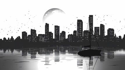Tranquil Night Skyline Art. Black & White Silhouette with Moon Reflection on Calm Waters