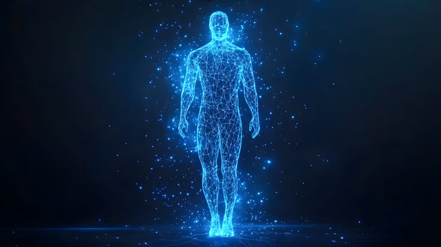 Abstract vector image of a human Brine . Low poly wire frame blue illustration on dark background. Lines and dots. Best idea concept. Low Poly Wireframe 3D Vector illustration in blue