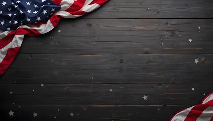 A patriotic tribute, a folded American flag rests on dark wood, subtly adorned with scattered stars, evoking a sense of remembrance and national pride.