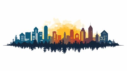 Obraz premium Urban Landscape Sunset. City Skyline Silhouette with Vibrant Colors and Modern Architecture - Cityscape Art and Nature Integration in Twilight Ambiance