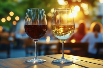Two glasses of red and white wine sparkle on a table as the sun sets over a busy outdoor terrace