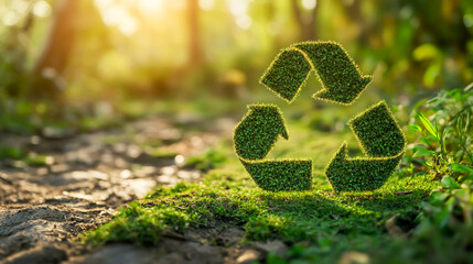 Recycling Symbol in Nature: A vibrant green recycling symbol crafted from lush foliage sits on a bed of moss, bathed in the warm glow of sunlight filtering through a forest.