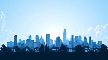 Urban Cityscape Skyline Silhouette with Modern Architecture and Blue Sky