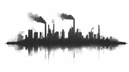 Naklejka premium Cityscape Silhouette. Industrial Pollution & Smokestacks in a Modern Business District - Exploring Environmental Issues, Carbon Emissions, and Sustainable Urban Development