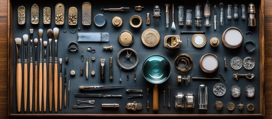 Vintage tools arranged in a tray,  displaying craftsmanship